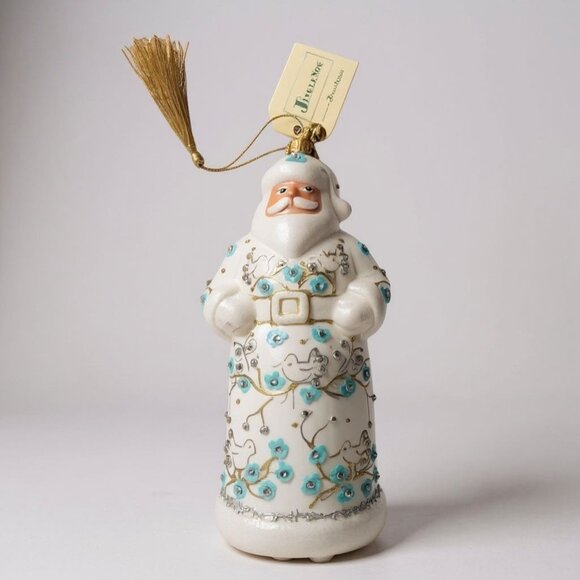 Hand-Painted JingleNog Santa Ornament With Blue & Gold Floral Details - Picture 2 of 13